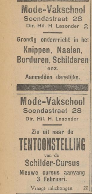Soendastraat 28 Hil.H. Lasonder Modevakschool advertentie Tubantia 9-1-1930.jpg