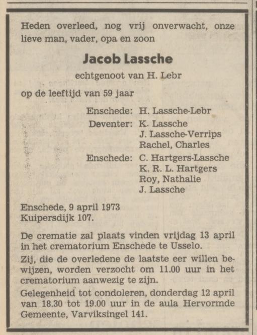 Kuipersdijk 107 Jacob Lassche overlijdensadvertentie Tubantia 11-4-1973.jpg