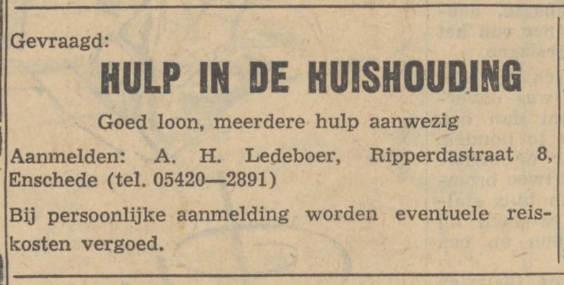 Ripperdastraat 8 A.H. Ledeboer advertentie Friese koerier 4-4-1962.jpg