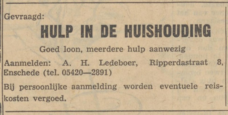Ripperdastraat 8 A.H. Ledeboer advertentie Friese koerier 4-4-1962.jpg