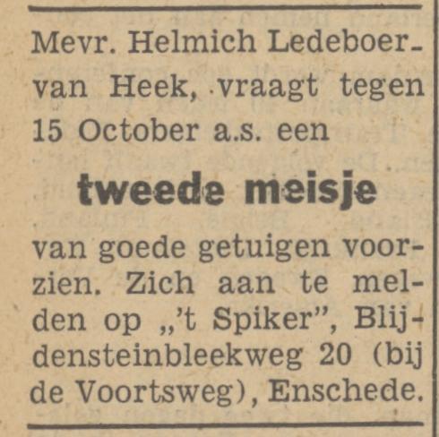 Blijdensteinbleekweg 20 Mevr. Helmich Ledeboer- van Heek Blijdensteinbleekweg 20 't Spiker advertentie Tubantia 30-8-1949.jpg