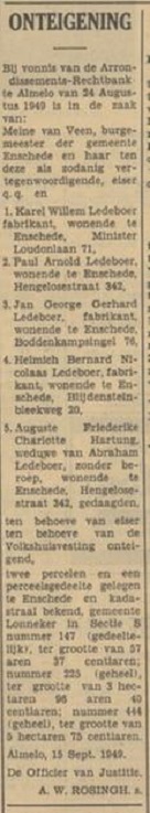 Blijdensteinbleekweg 20 H.B.N. Ledeboer krantenbericht Tubantia 16-9-1949.jpg