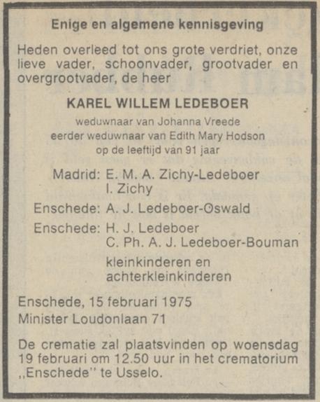 Minister Loudonlaan 71 K.W. Ledeboer overlijdensadvertentie NRC Handelsblad 18-2-1975.jpg