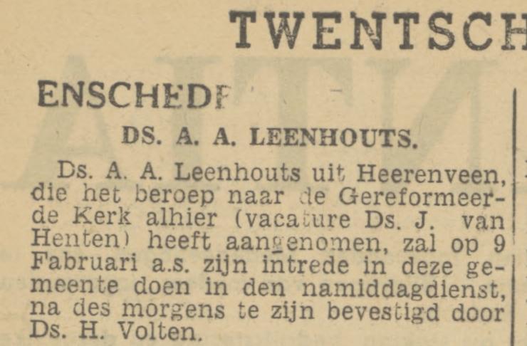 Ds. A.A. Leenhouts Gereformeerd predikant te Enschede. krantenbericht Tubantia 19-12-1946.jpg