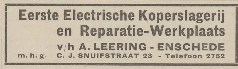 C.J. Snuifstraat 23 Koperslagerij en Reparatie werkplaats v.h. A. Leering advertentie 13-9-1939.jpg