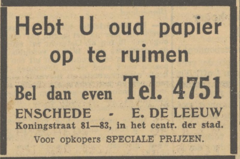 Koningstraat 81-83 E. de Leeuw advertentie Tubantia 6-11-1951.jpg