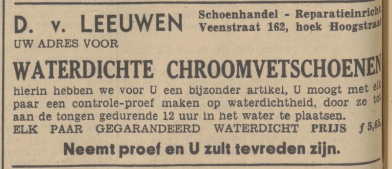 Veenstraat 162 hoek Hoogstraat D. van Leeuwen schoenhandel reparatieinrichting advertentie Tubantia 21-1-1939.jpg