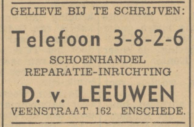 Veenstraat 162 D. van Leeuwen schoenhandel reparatieinrichting advertentie Tubantia 10-4-1940.jpg