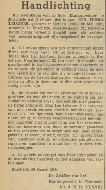 Noorderhagen 22 Ch. Leistner krantenbericht Tubantia 17-3-1950.jpg
