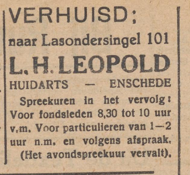 Lasondersingel 101 L.H. Leopold huidarts advertentie Tubantia 15-11-1932.jpg