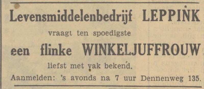 Dennenweg 135 levensmiddelenbedrijf Leppink advertentie Tubantia 12-5-1949.jpg