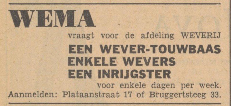 Bruggertsteeg 33 weverij Wema advertentie Tubantia 26-3-1949.jpg
