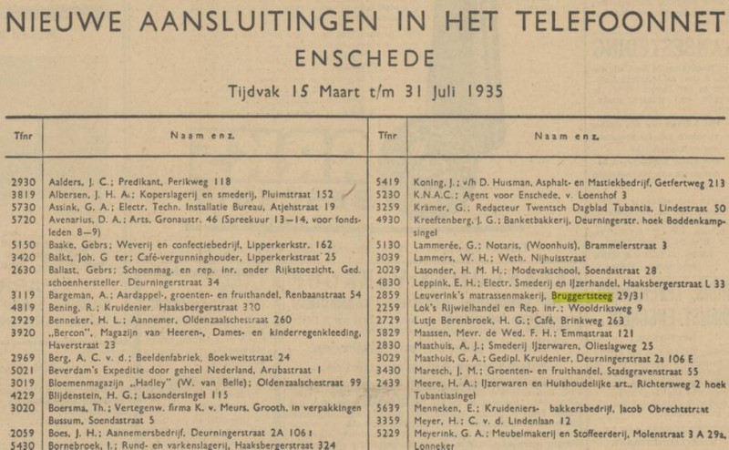 Bruggertsteeg 29-31 Leuverink's matrassenmakerij advertentie Tubantia 31-8-1935.jpg