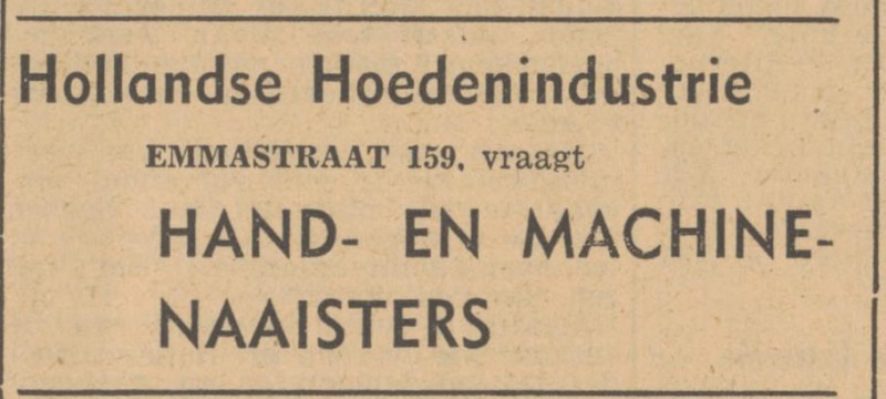 Emmastraat 159 Hollandse Hoedenindustrie advertentie Tubantia 30-8-1948.jpg