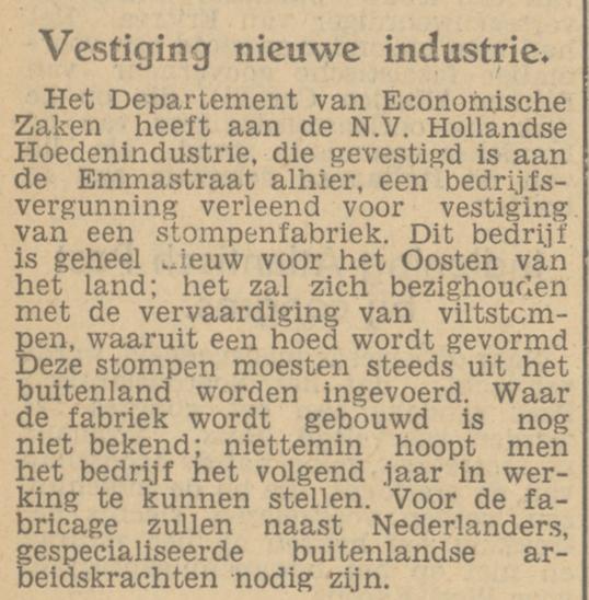Emmastraat N.V. Hollandsche Hoedenindustrie krantenbericht Tubantia 12-4-1949.jpg