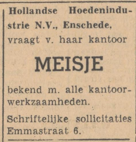 Emmastraat 6 N.V. Hollandse Hoedenindustrie advertentie Tubantia 30-5-1947.jpg