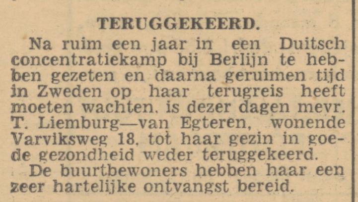 Varviksweg 1`8 Mevr. T. Liemburg-van Egteren krantenbericht Trouw 15-8-1945.jpg