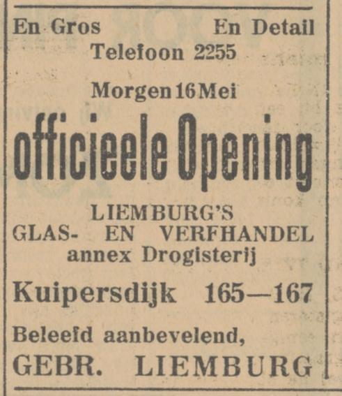 Kuipersdijk 165-167 Liembnurg's Glas- en Verfhandel annex drogisterij advertentie Tubantia 15-5-1931.jpg