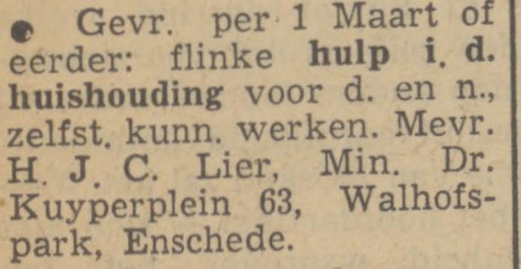 Minister Dr. Kuyperplein 63 H.J.C. Lier advertentie Tubantia 30-1-1951.jpg