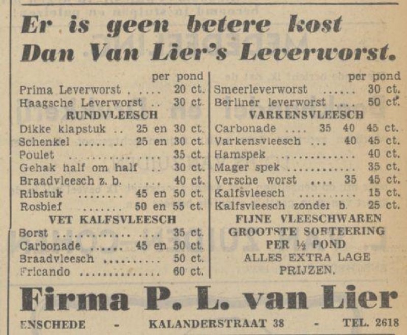 Kalanderstraat 38 Firma P.L. van Lier vleeswaren advertentie Tubantia 7-4-1939.jpg