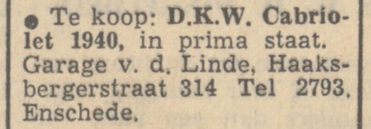 Haaksbergerstraat 314 Garage v.d. Linde advertentie Tubantia 30-6-1951.jpg