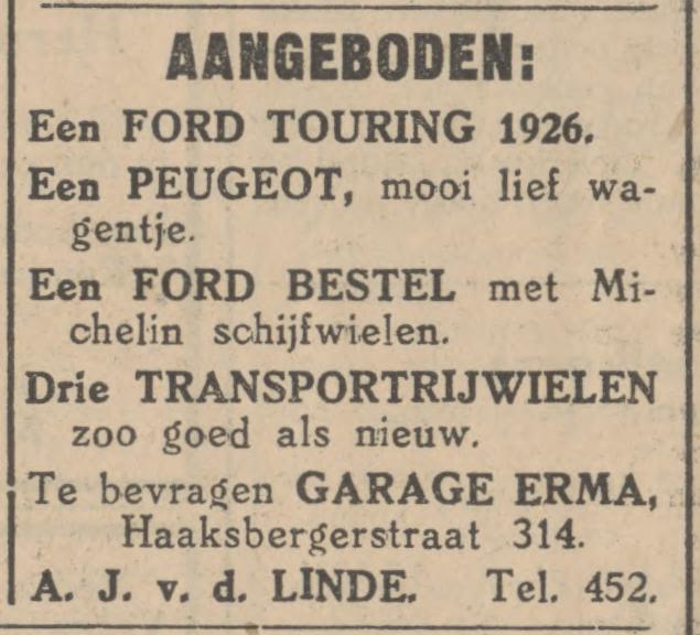 Haaksbergerstraat 314  A.J. van der Linde Garage Erma advertentie Tubantia 28-2-1930.jpg