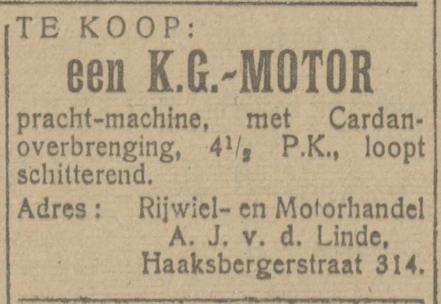 Haaksbergerstraat 314 Rijwiel- en motorhandel A.J. van der Linde advertentie Tubantia 19-4-1922.jpg