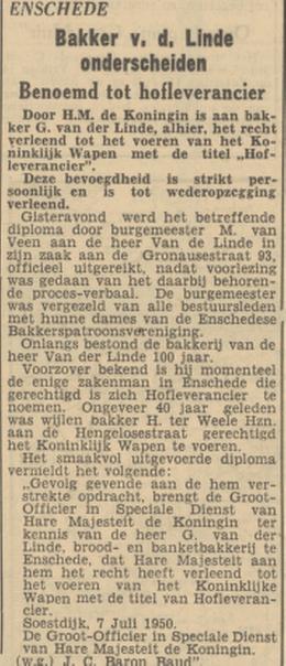 Gronausestraat 93 G. van der Linde bakker krantenbericht Tubantia 14-7-1950.jpg
