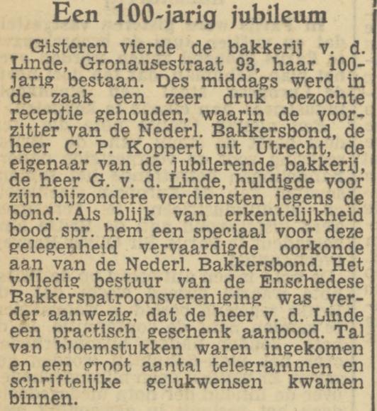 Gronausestraat 93 G. van der Linde bakker krantenbericht Tubantia 31-5-1950.jpg