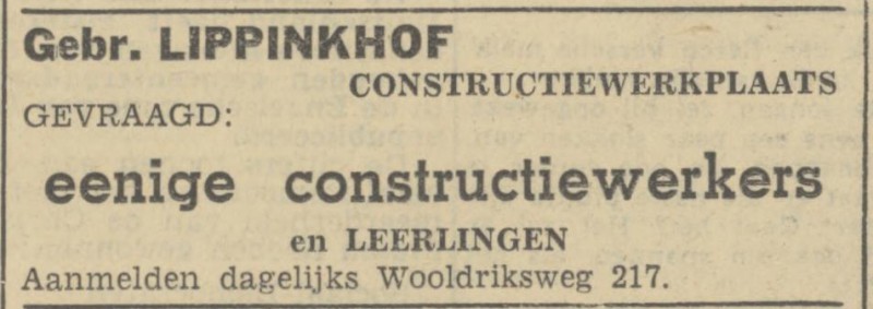 Wooldriksweg 217 Gebr. Lippinkhof constructiewerkplaats advertentie Tubantia 18-9-1946.jpg