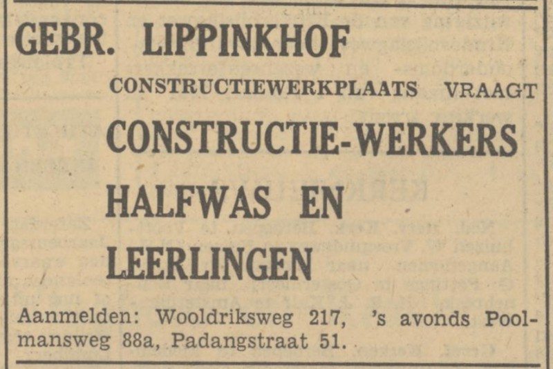Padangstraat 51 Wooldriksweg 217 Gebr. Lippinkhof constructiewerkplaats advertentie Tubantia 31-10-1950.jpg