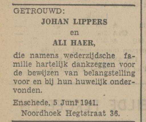 Noordhoek Hegtstraat 36 J. Lippers advertentie Tubantia 5-6-1941.jpg