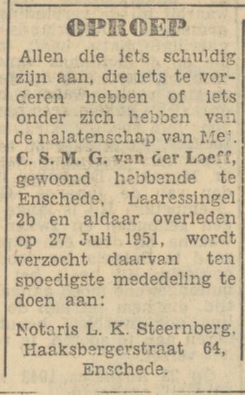 Laaressingel 2b C.S.M.G. van der Loeff advertentie Tubantia 27-10-1951.jpg