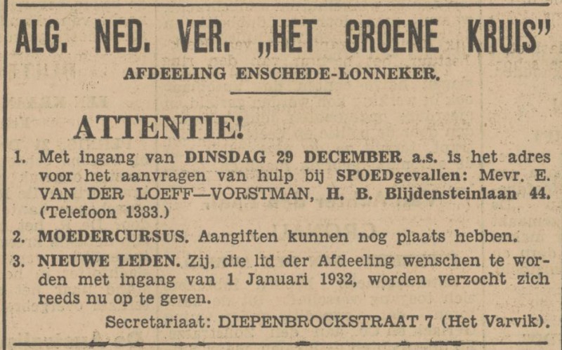 H.B. Blijdensteinlaan 44 Mevr. E. v.d. Loeff-Vorstman advertentie Tubantia 21-12-1931.jpg