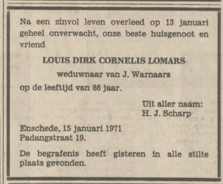 Padangstraat 19 L.D.C. Lomars overlijdenmsadvertentie 16-1-1971.jpg