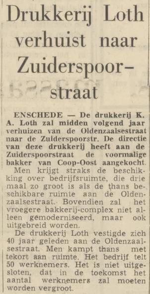Oldenzaalsestraat Drukkerij K.A. Loth naar Zuiderspoorstraat krantenbericht Tubantia 7-1-1969.jpg