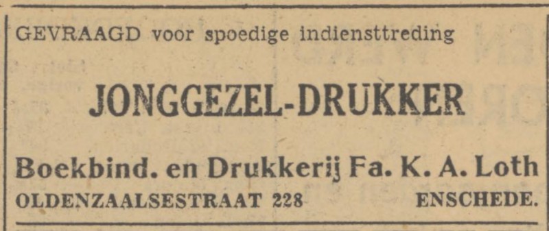 Oldenzaalsestraat 228 Firma K.A. Loth Boekbinderij en Drukkerij advertentie Tubantia 28-11-1951.jpg