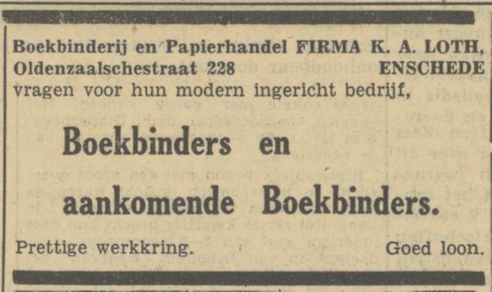 Oldenzaalsestraat 228 Firma K.A. Loth Boekbinderij en Papierhandel advertentie Tubantia 9-12-1946.jpg