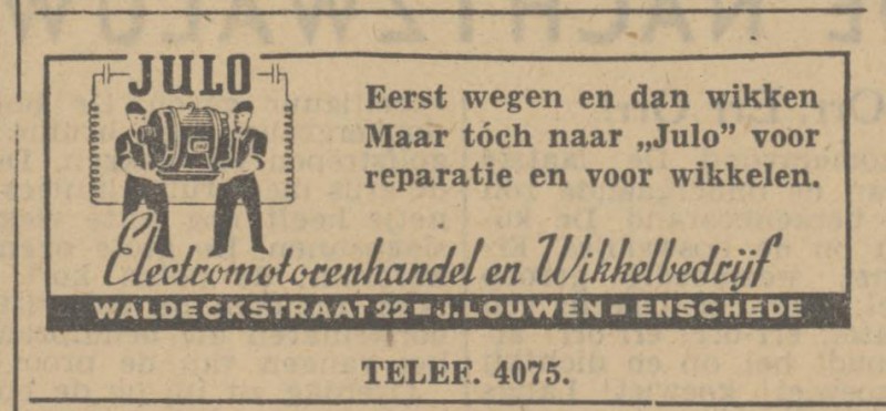 Waldeckstraat 22 Electromotorenhandel en Wikkelbedrijf Julo advertentie Tubantia 14-11-1947.jpg