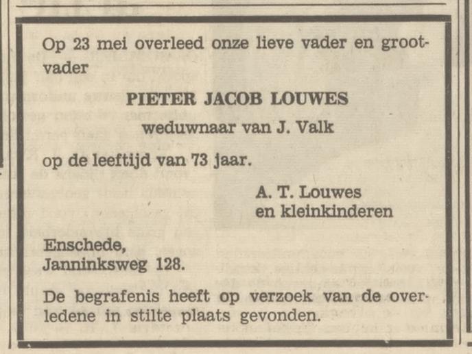 Janninksweg 128 P.J. Louwes overlijdensadvertentie Tubantia 27-5-1968.jpg