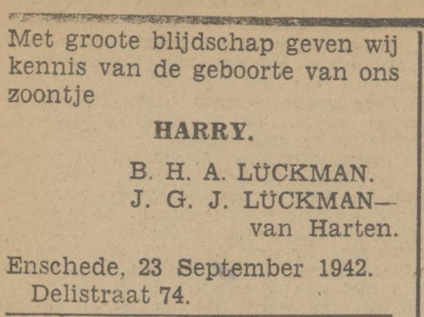Delistraat 74 B.H.A. Lückman advertentie Tubantia 24-9-1942.jpg