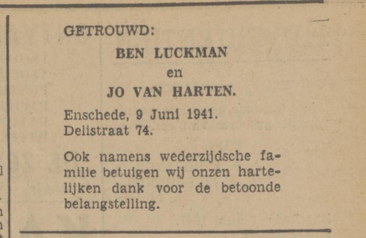 Delistraat 74 B. Lückman advertentie Tubantia 9-6-1941.jpg