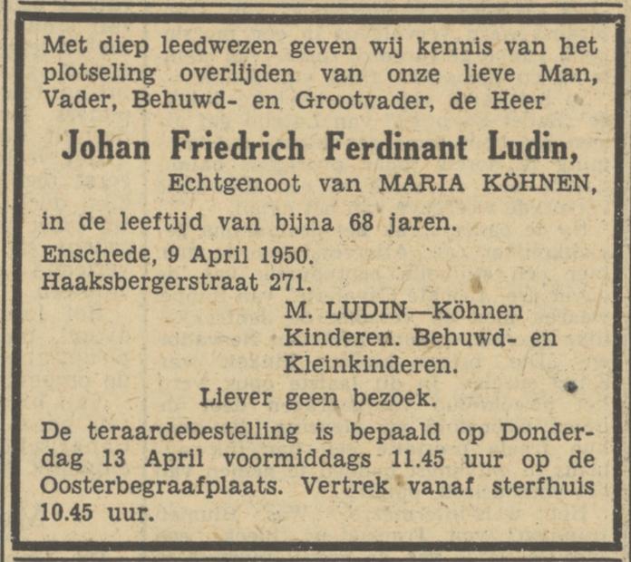 Haaksbergerstraat 271 J.F.F. Ludin overlijdensadvertentie Tubantia 11-4-1950.jpg