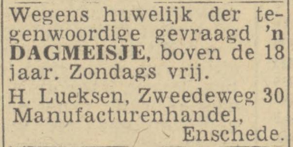 Zwedeweg 30 H. Lueksen Manufacturenhandel advertentie Twentsch nieuwsblad 5-4-1944.jpg