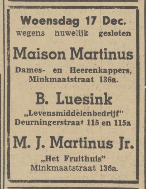 Deurningerstraat 115-115a Levensmiddelenbedrijf B. Luesink advertentie Tubantia 16-12-1941.jpg