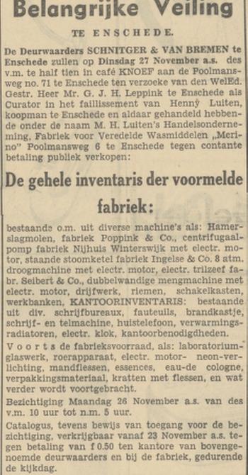 Poolmansweg 6 M.H. Luiten's Handelsonderneming, Fabriek voor Verdelde Wasmiddelen Merino advertentie Tubantia 22-11-1951.jpg