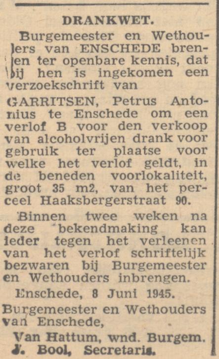 Haaksbergerstraat 90 P.A. Garritsen krantenbericht Twentsche Courant 23-6-1945.jpg