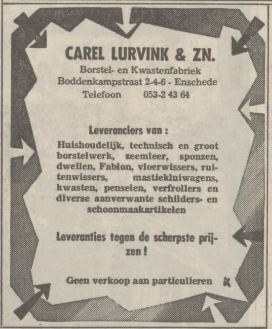 Boddenkampstraat 2-4-6 Carel Lurvink & Zn. Borstel- en kwastenfabriek advertentie Tubantia 5-4-1975.jpg