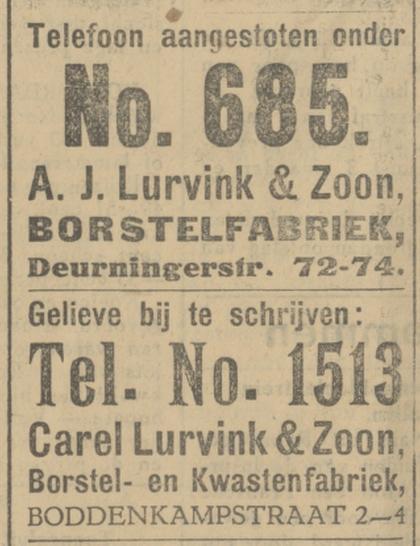 Boddenkampstraat 2-4 Carel Lurvink & Zn. Borstel- en kwastenfabriek advertentie Tubantia 25-10-1927.jpg