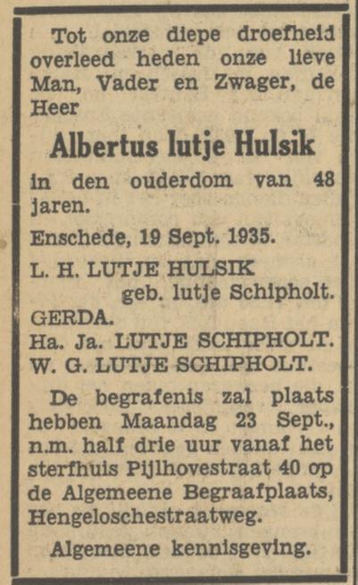 Pijlhovestraat 40 A. lutje Hulsik overlijdensadvertentie Tubantia 9-9-1935.jpg